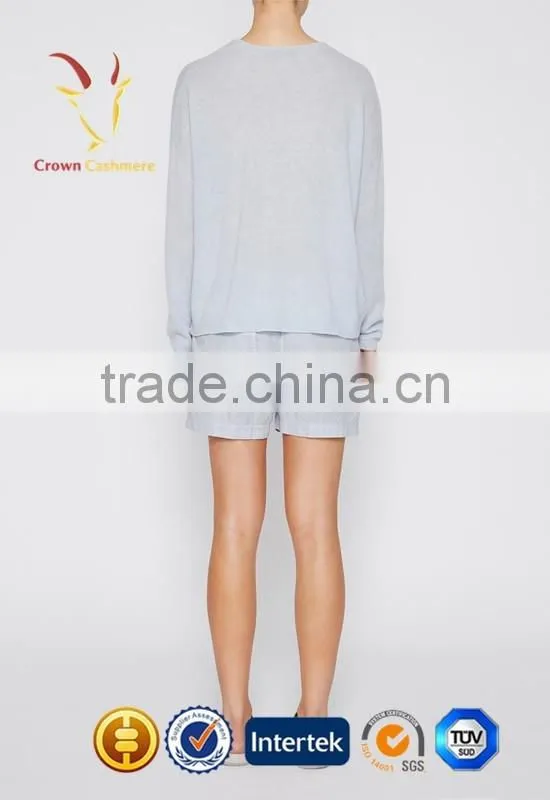 Ladies Deep V Neck Light Blue Cashmere Pullover Sweater