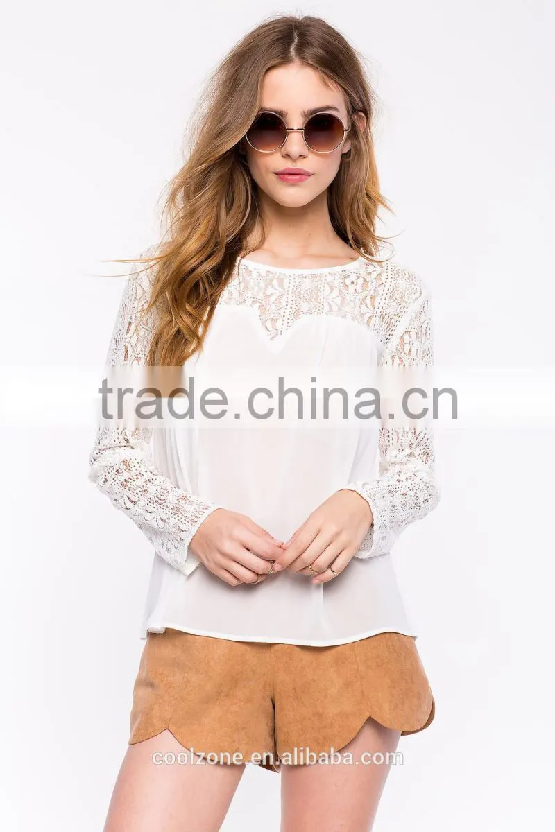 Contrast solid body sweetheat hem white lace blouse,women crocheted blouses