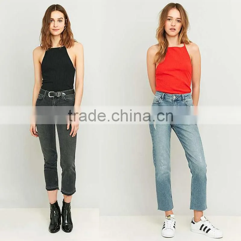 2017 women's best black ribbed sleeveless halter T-back high neck cami tops
