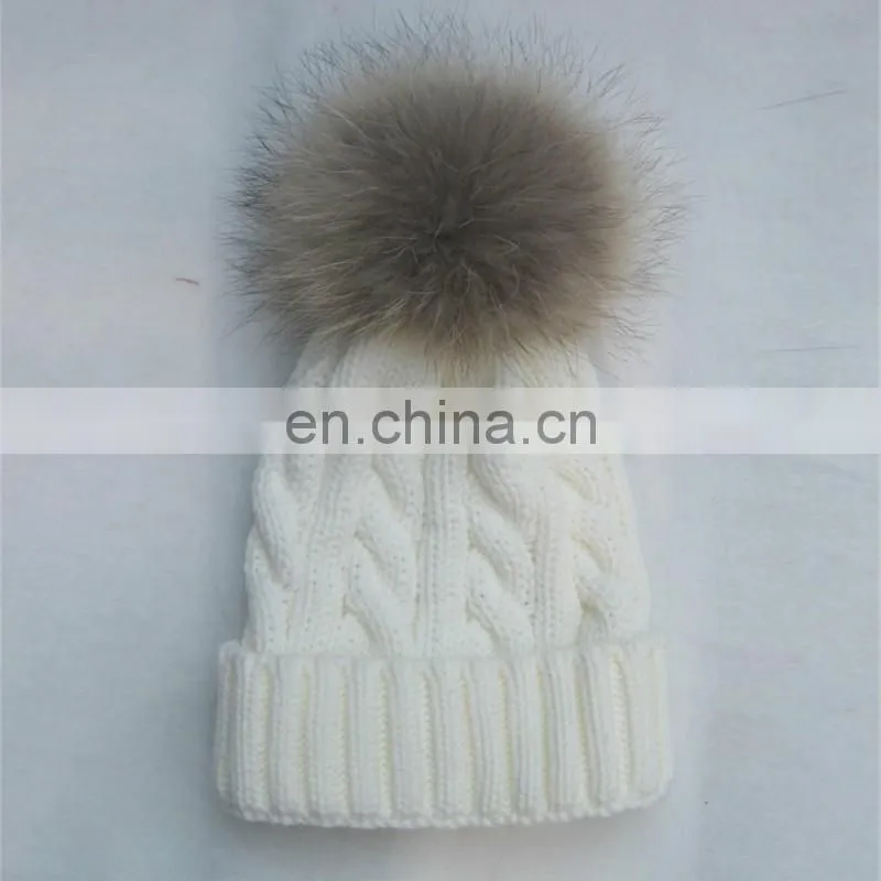 Fashion knit cable hats with big natural raccoon fur pom poms