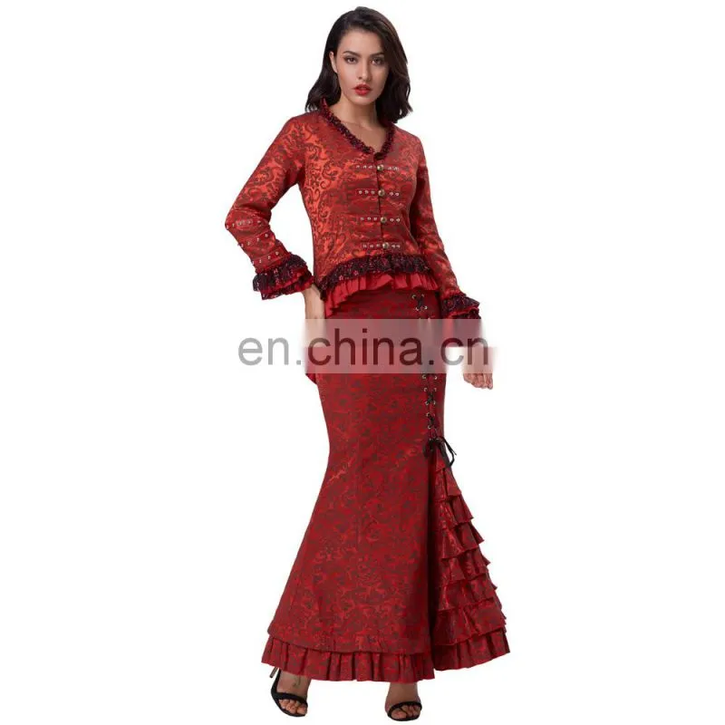 Belle Poque Women's Retro Vintage Gothic Victorian Corset Style Lace Embellished V-Neck Jacquard Red Coat Tops BP000223-2