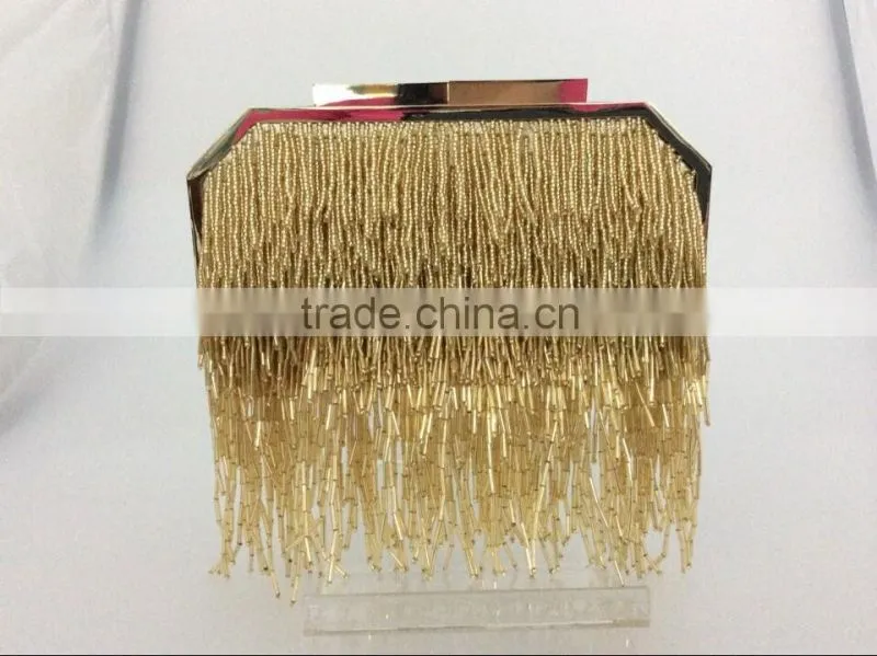 Gold frame clutch style high qulity special bead tassel evening handbag