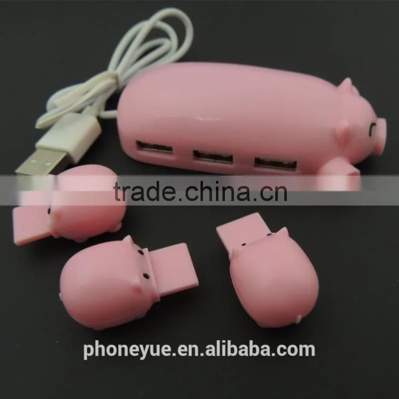latest design usb 2.0 cut cartoon pig 3 port usb hub with card reader