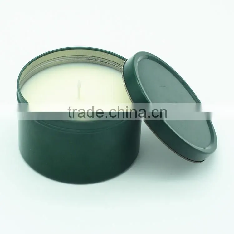 silvery tin scented soy candle with custom sticker
