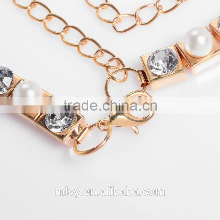 Women copper Color Pearl pendant necklace ornaments crystal chain Brightness F1-80036