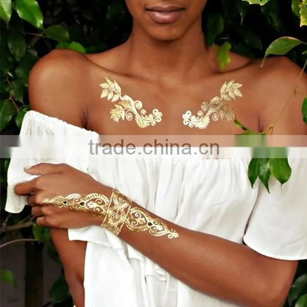 Wholesale dazzling metallic temporary tattoos gold body art tattoos waterproof fake jewelry tattoos manufacturer