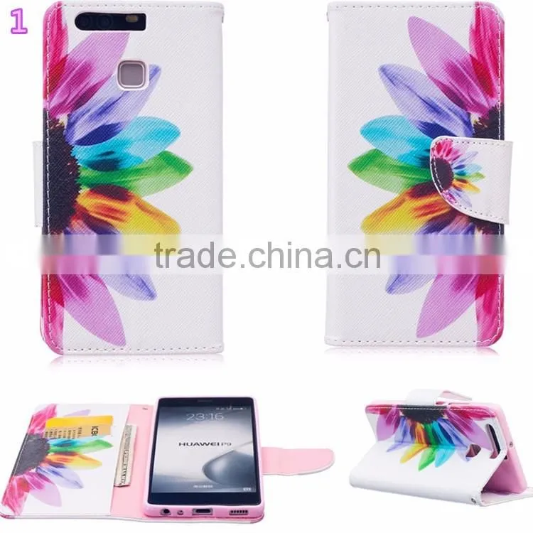 2016 New Colorful Pattern PU Leather Phone Bag Case for Huawei Ascend P9 P9 lite magnetic Book Cover With Card Slot