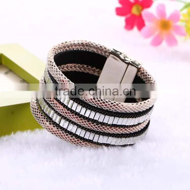 New Fashion Jewelry Woman Magnetic Clasp Leather Crystal Stones Bracelet