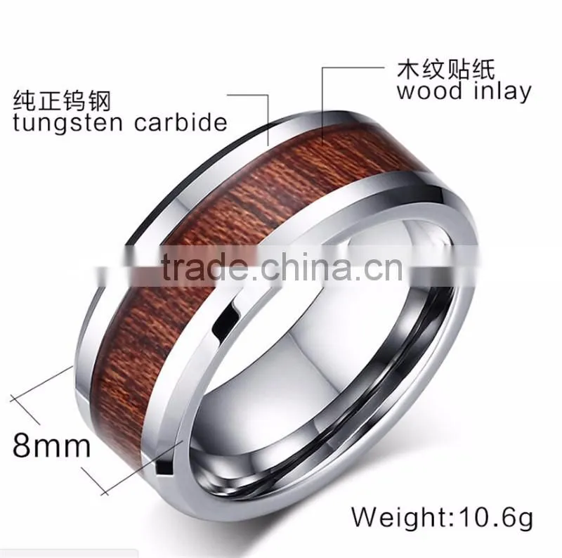 8 mm Wooden Inlay High Polish Tungsten Carbide Ring