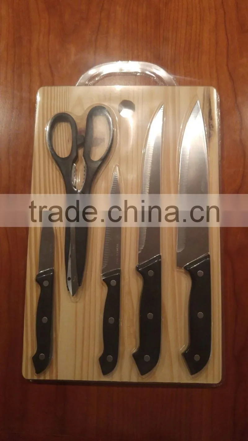 Stainless steel knife set with scissor with wooden cutting board
