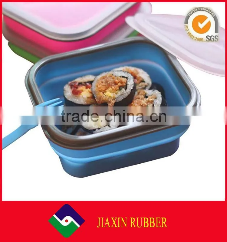Wholesale square shape foldable silicone lunch containers custom design lunch box with fork and spoon for save kitchen space