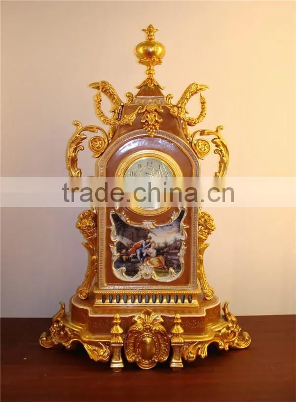 Gothic Architectual Style Ceramic Table Clock, Antique Hand Painted European Table Clock, Brass Mounted Table Clock