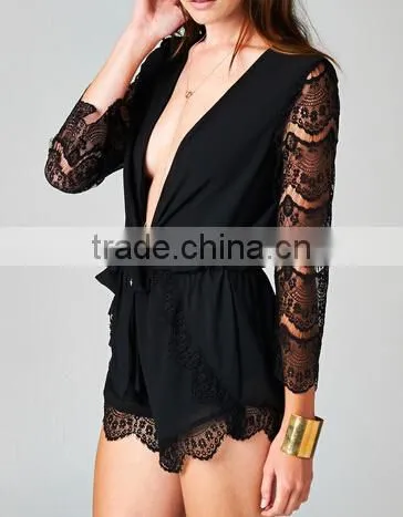 2015 new stylish sexy ladies Deep V neck open front romper playsuit lace sleeve short jumpsuit