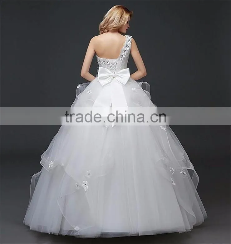 Floral Lace Trim Hem One Shoulder Crystals Pearl Ball Gown Appliques Lace Tulle Customize Wedding Dresses