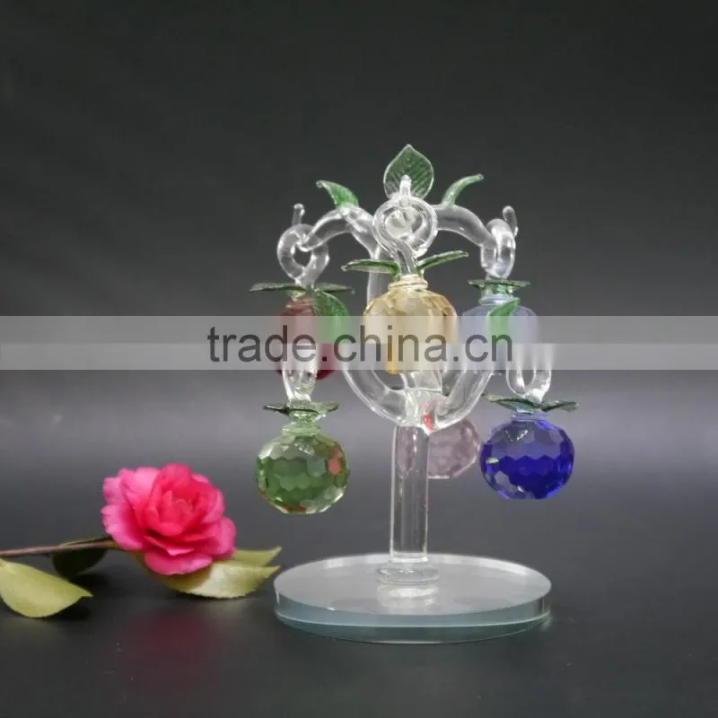 High Quality Faceted crystal apple tree with metal leaf Crafts
