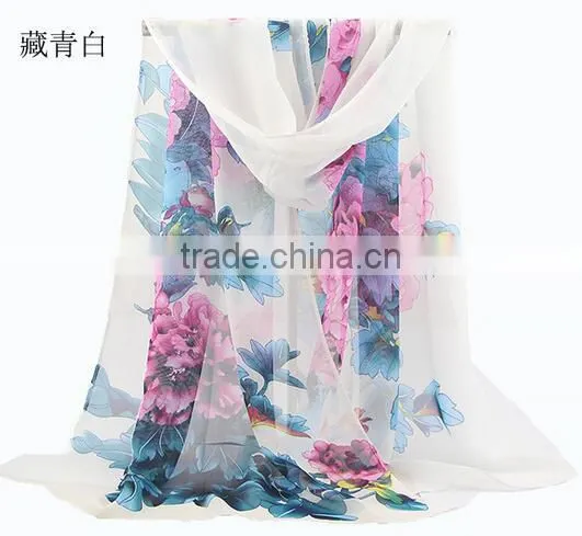 Fashion Women Chiffon Scarf Spring Summer Peony Flower Printing Elegant Lady Shawls Scarves