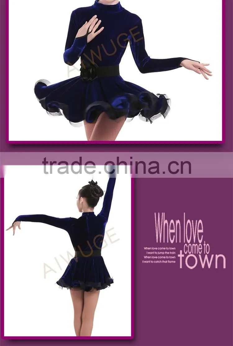 Girls Velvet Turtleneck Long Sleeve Dance Latin Dresses Children Ballroom Dance Competition Dresses