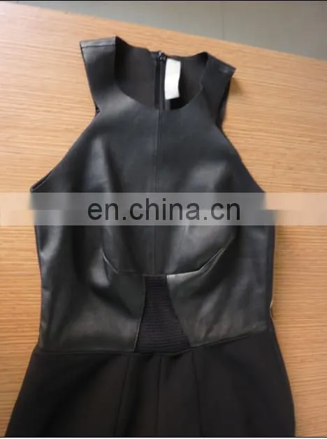 ladies sexy sheep leather and knitted fabric skirt with gold zipper in side and back