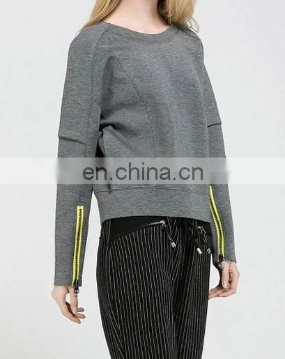 China Supplier Wholesale Clothing Ladies Crewneck Long Sleeve Zipper Cuff Sweatshirt/ Woman Clothing