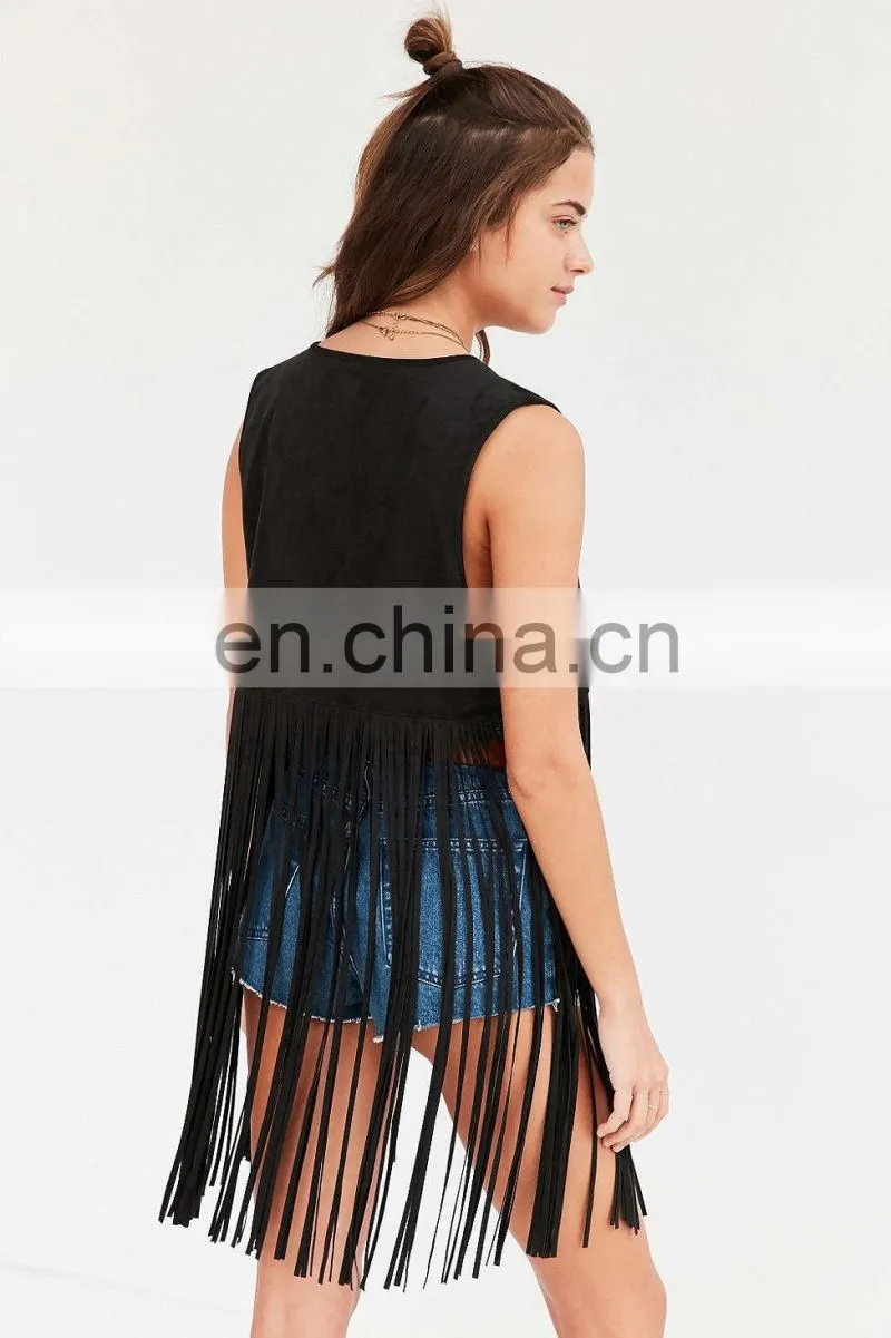 2016 New Design Fashion woman leather Chella Fringe Vests for women, Black color