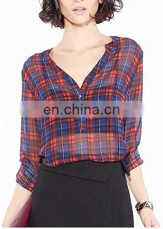 Top grade women casual blouse designs/plaid shirt