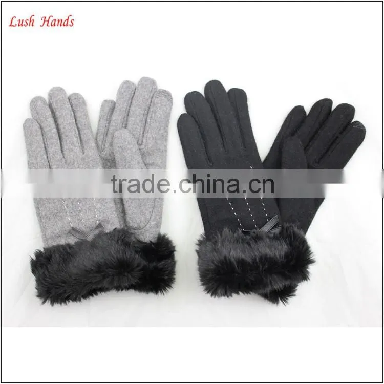 women woolen cheap hand gloves winter dress gloves with black fake fur