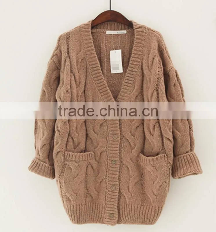 V-neck jacquard knitting wear long sleeve pocket long lady winter thick sweater cardigan
