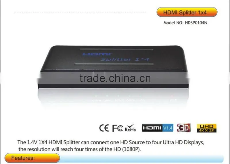 4-Port (1x4) HDMI 1.4 Amplified Powered Splitter / Signal Distributor - Ver 1.3 Full HD 1080P