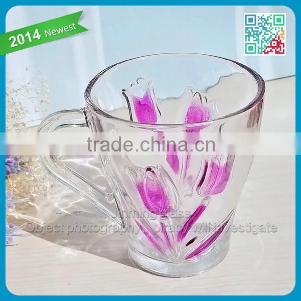 Colored Tulip Handle Drinking Glass Mugs Flower Embossed Logo Gift Drinking Glasses Cups Girls Favor Glass Gift Drinking Mugs