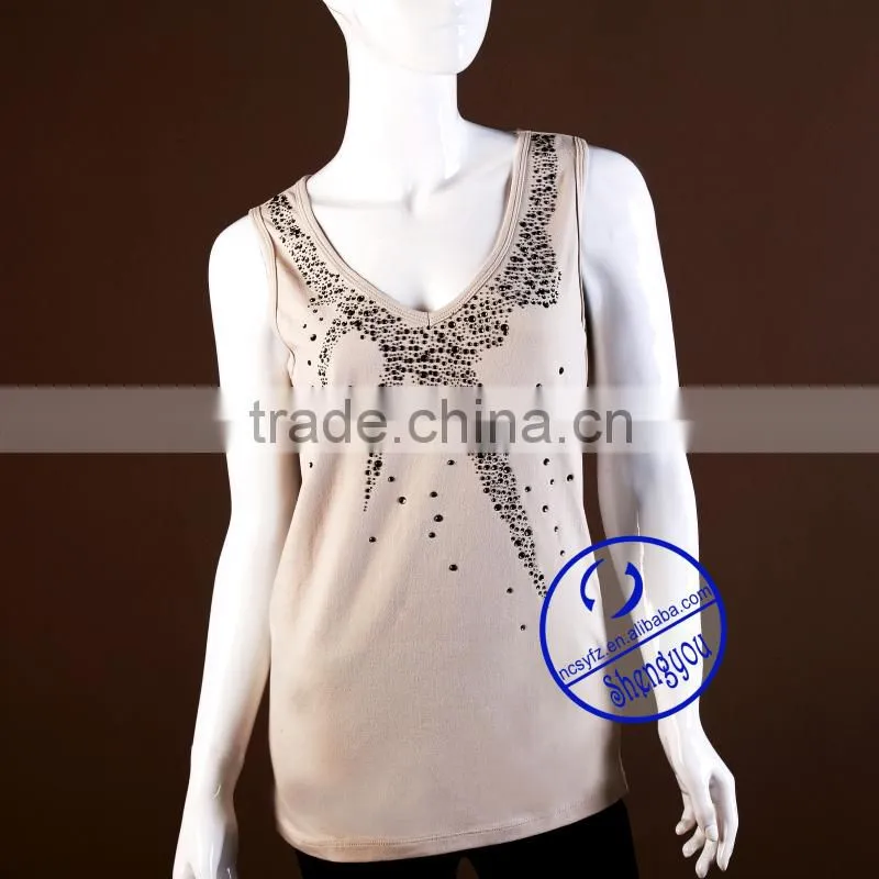 2015 high quality wholesale ladies 100 cotton v-neck tank top