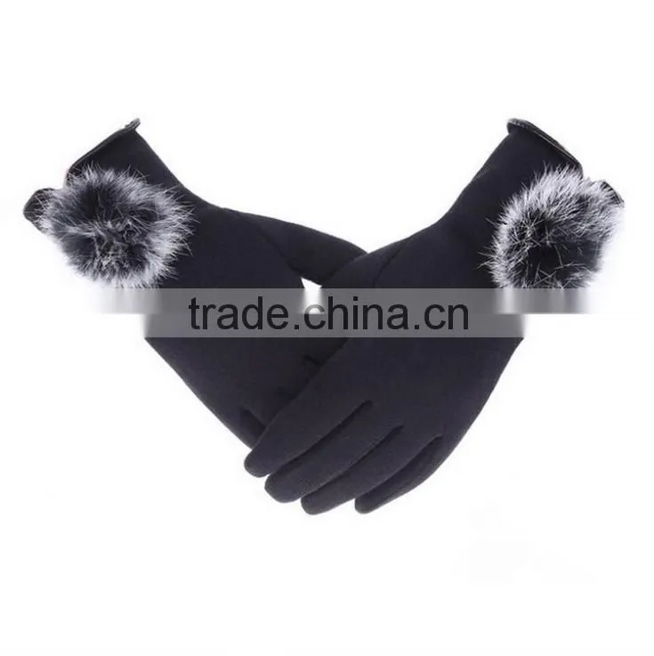 Wholesale Comfortable Winter Girls Rabbit Fur balls Cuff Thick Wool Gloves