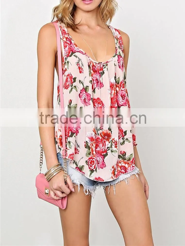 Summer women latest fashion sweet floral print scoop neckline woven top- SYK15262