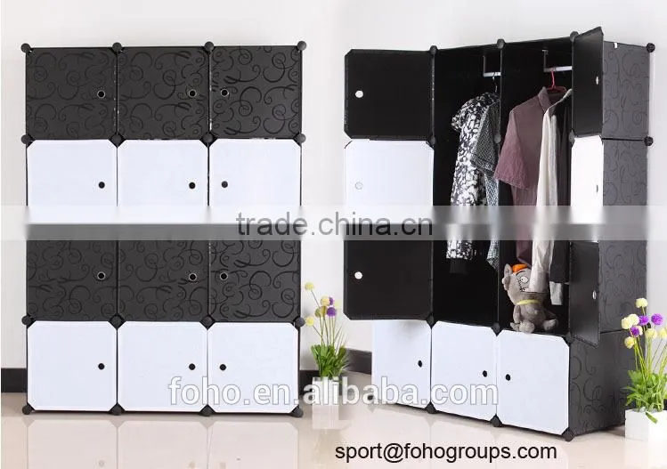 assembly almirah clear plastic,fashion bedroom almirah design with 6 cube and 2 wardrobe rack