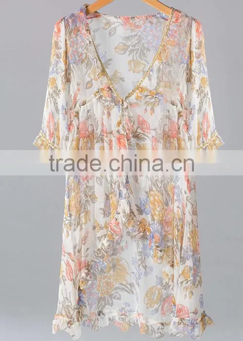 100% silk short sleeves blouse with beaded collar/beach blouse