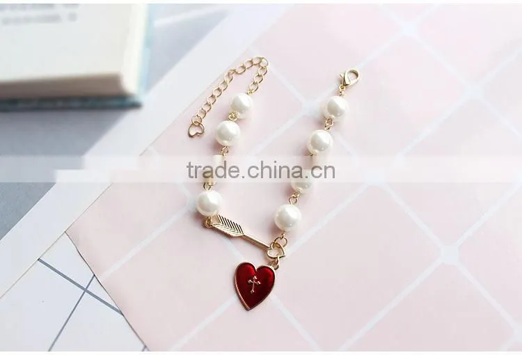 Cupid arrow love bracelet gold arrow red enamel cross heart charms pearl bead link bracelet