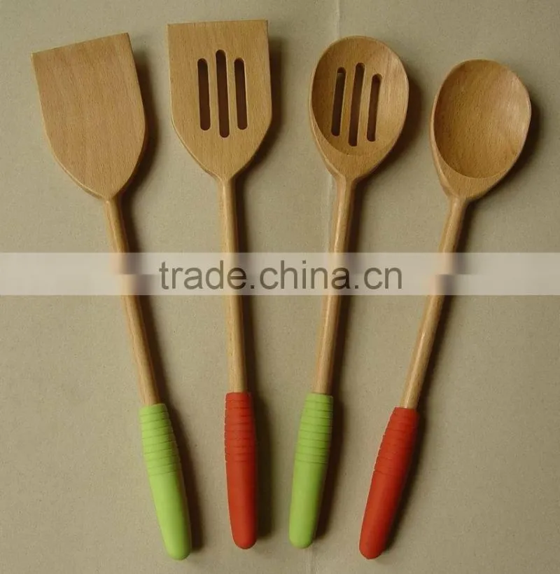Wood Utensils 4-Pieces Set, Made of Beech wood with Silicone sleeve Round Handle