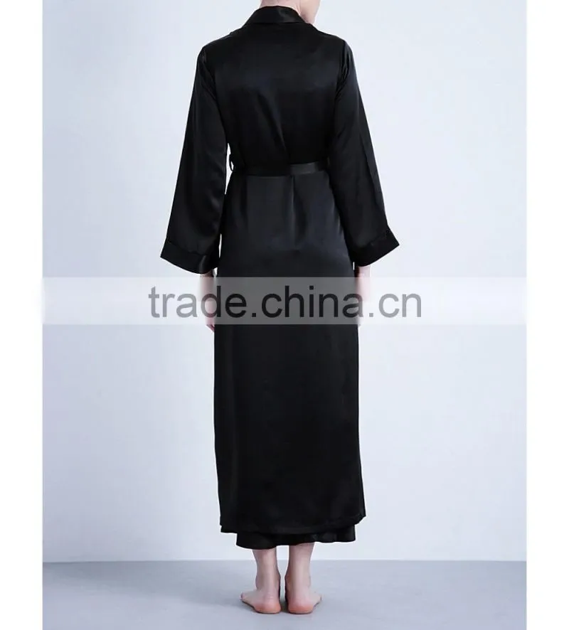 Customize ladies luxury silk full length robe, long sleeve dressing gown, black lapels long length dressing robe