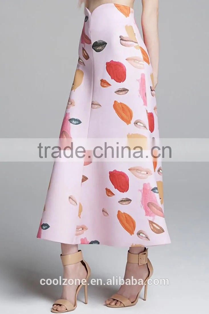 2015 New fashion Sulty Lips Print Midi Long Women Skirt Wholesale