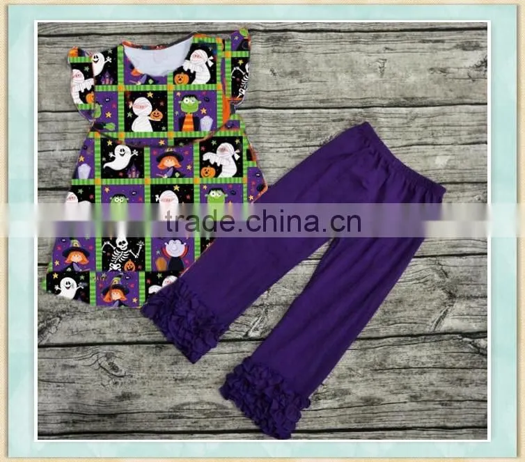 halloween smocked children clothing fluttersleeve funny cartoon print top and pants wholesale children's boutique clothing fall