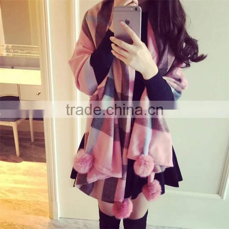 Classic jacquard cashmere checked plaid acrylic long pompom plush ball scarf