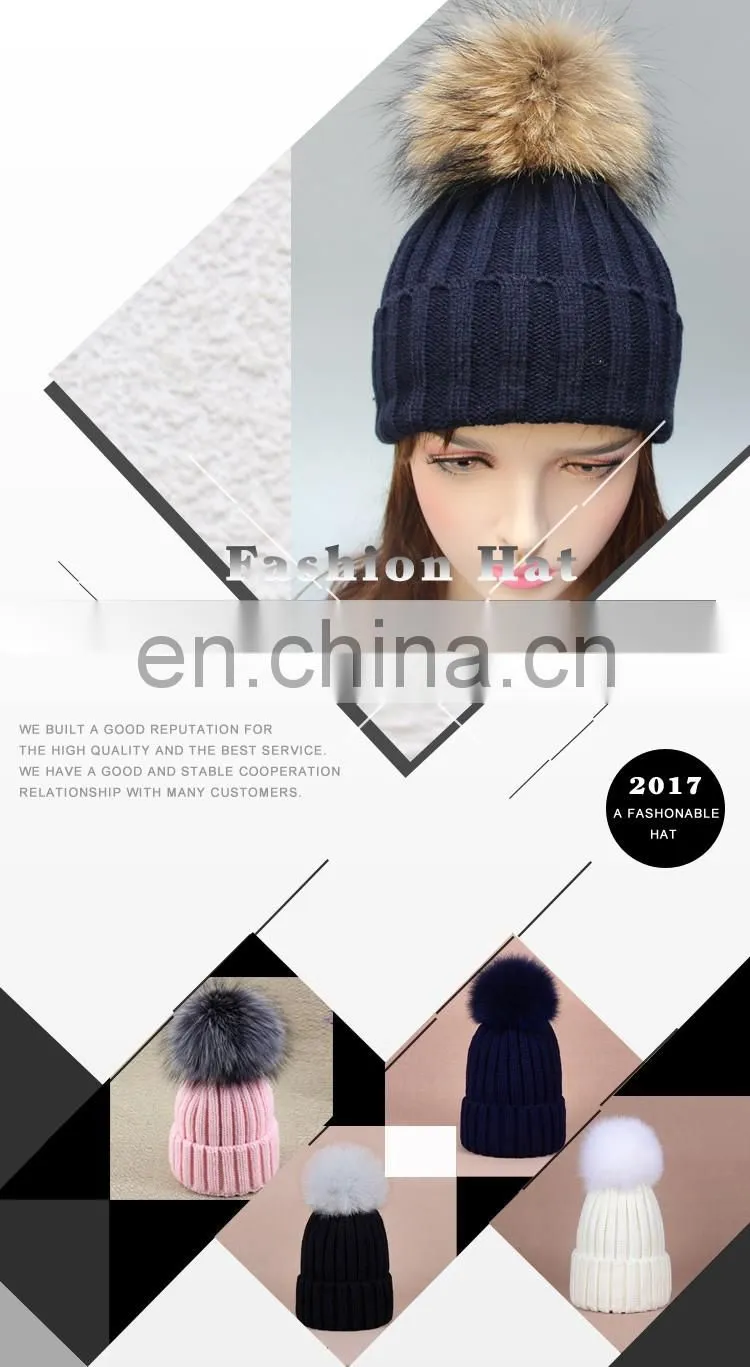 Fluffy large fur pompom hats real raccoon fur knitted hats wholesale winter hats