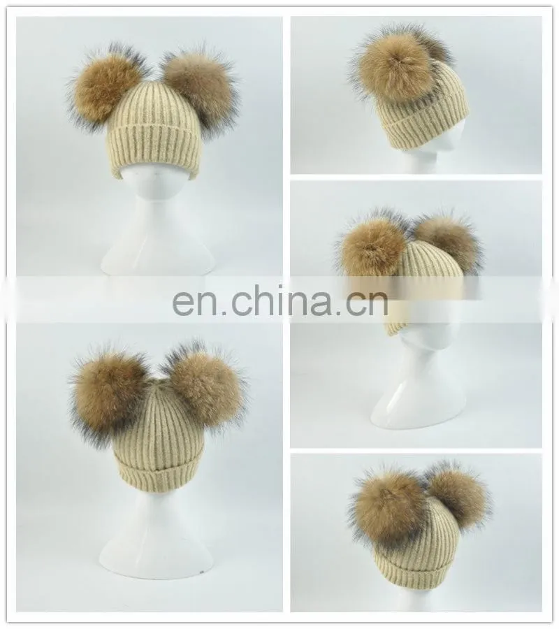 Kids Removable Fur Bobble Hat Winter Double Pom Pom Hat Crochet Kids Hat