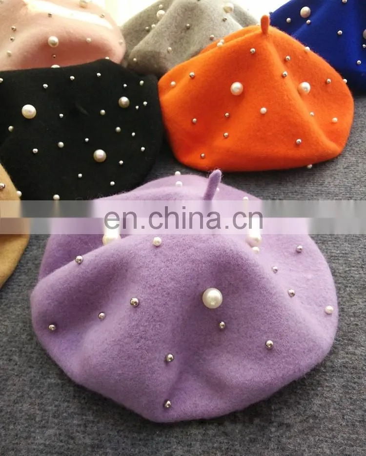 2017 Fashion Woman Spring Pearl Wool Beret Hat