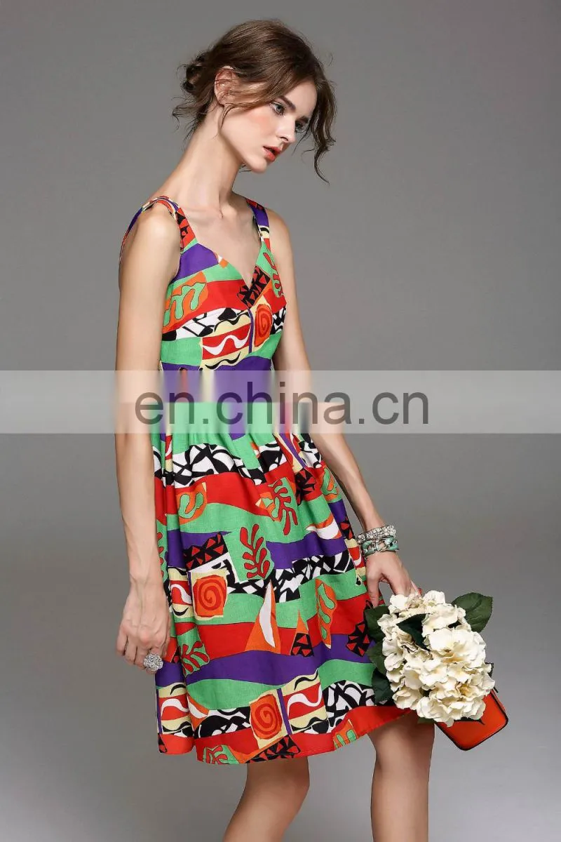 Ladies high quality linen v neck dress designs wide strap dress