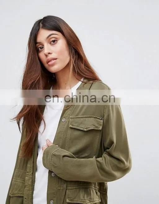 2016 fashion Laper collar long sleeve women army green front button jacket