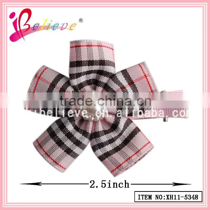 Cotton grid flower hair clip wholesale girls hair flower,hair flower clips