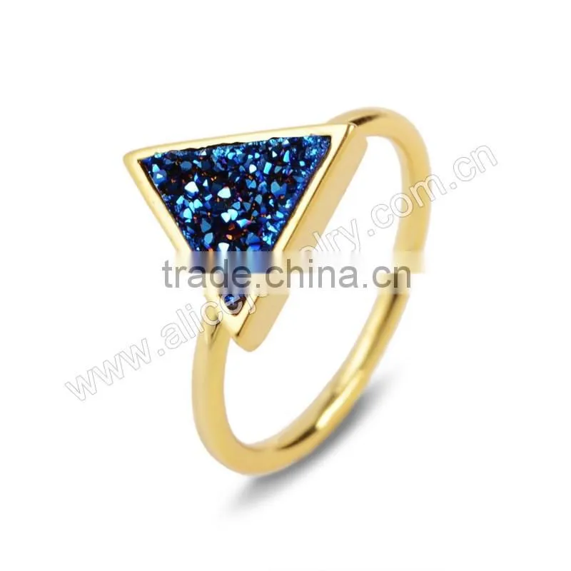 Fashion Druzy Triangle Geometric Crystal Druzy Ring Gold Filled Wholesale Gemstone Bezel Ring Supplier