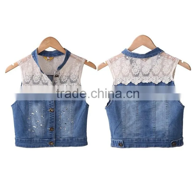 OEM Design off-shoulder sleeveless coat blue and white color jeans lace Custom denim outdoor life women jacket for denim jacket
