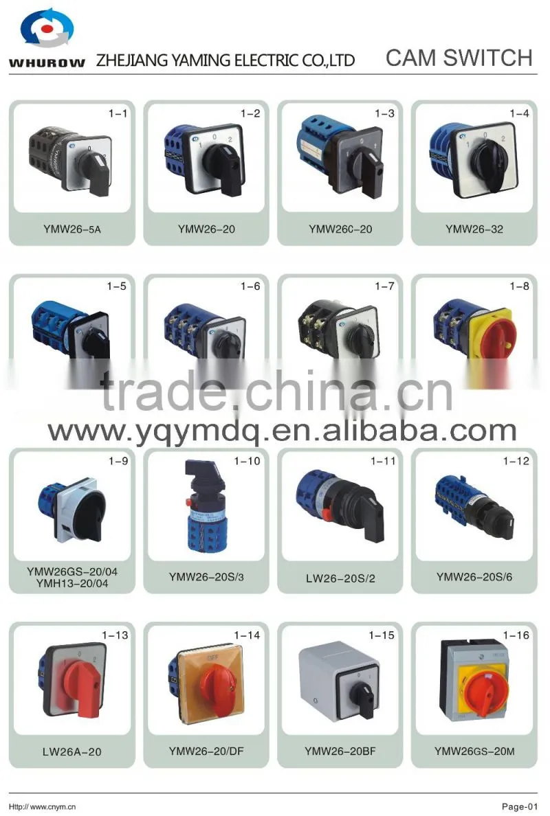 Cam switch YMZ12 series white black changeover combination rotary switch 0-8 positions 16-125A Ui 690V sliver point contacts