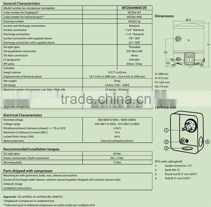 MTZ64 Maneurop piston compressor , hermetic refrigeration compressor